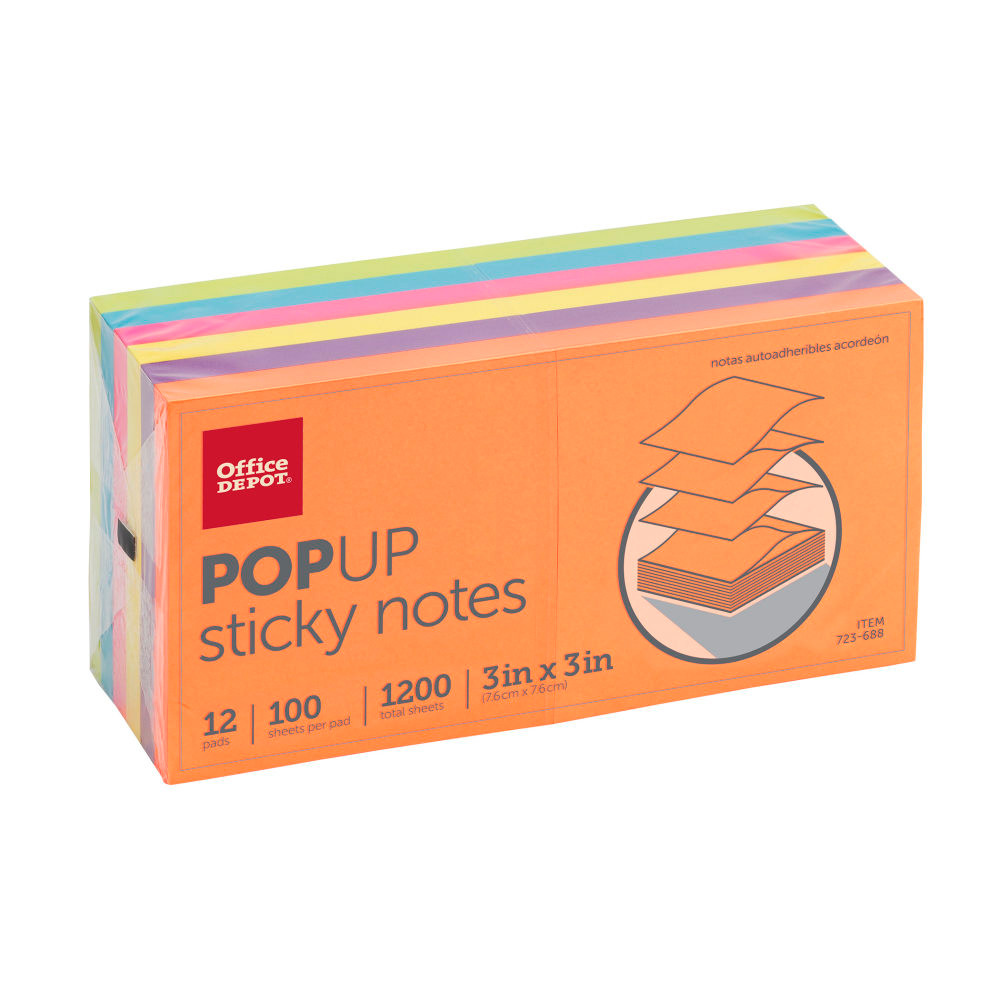 You can be sure your messages get noticed with these beautifully colorful sticky notes. Jot down comments, reminders, notes, or instructions to place on papers, calendars, screens, and other surfaces. These pop-up notes offer convenient 1-handed dispensing at your desk.  Notes pop up 1 at a time.  Great for jotting down messages and quick notes.  Self-stick style can be removed and repositioned as needed.  3in x 3in (approximate) size gives you ample space for details.  Vivid shades are bright and eye-catching.