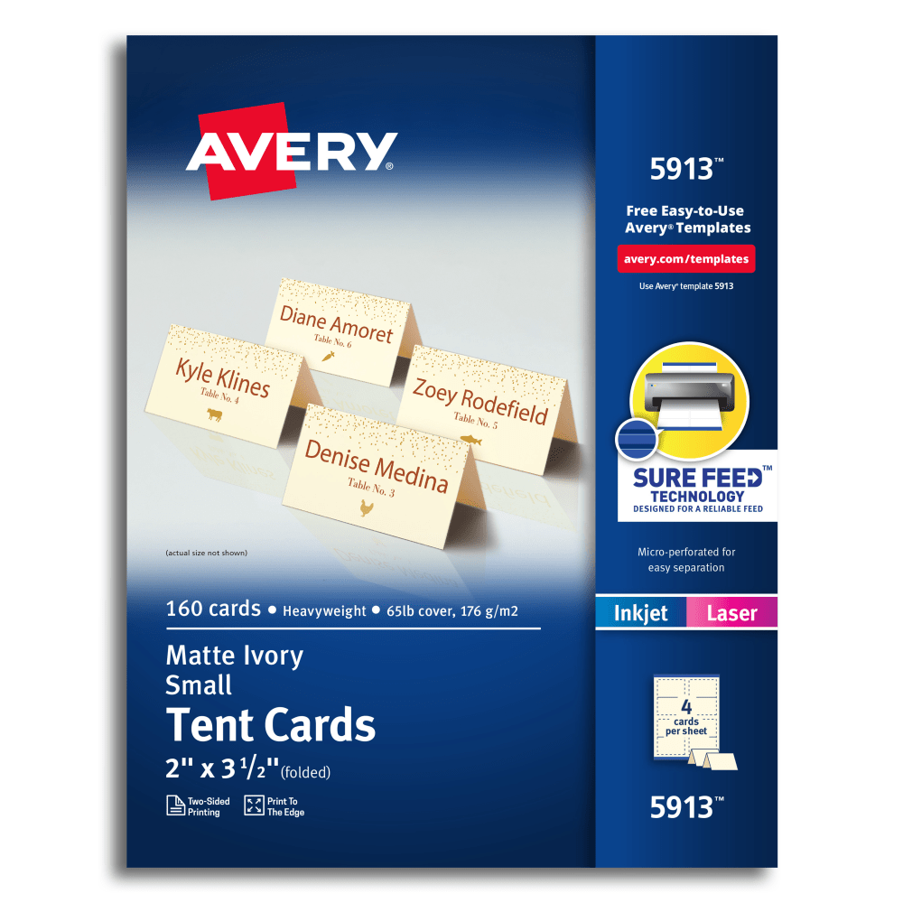 Add an elegant touch to parties, weddings, events, meetings and conferences with this pack of Avery customizable tent cards you can design and print at home. Whether you want to add a personal touch to place cards for table settings, wedding place cards, name cards for meetings or card labels for food, these printable cards are the perfect blank canvases for beautiful custom and DIY designs. Cut from quality cardstock with a weight of 65 lbs / 176 gsm, these premium 2in x 3.5in small place cards immediately feel different from everyday card sheets.  Easily customize your own tented place cards, name cards for weddings, place cards for food buffet and more.  Each sheet of printable cardstock features proprietary Sure Feed technology that delivers a more reliable feed through your printer to reduce misalignments and jams.  Print double-sided designs right to the edge of the place card with the Avery Print-to-the-Edge feature that allows for full-bleed printing with no borders or margins.  Enjoy a clean, professional finish from the pre-scored folds and ultra-fine precise cuts designed to leave behind a smooth border around each blank card.  Quickly and easily personalize your tent cards using Avery Design & Print Online, our easy-to-use software that offers hundreds of templates and designs.  Full sheets are optimized for laser and inkjet printers to result in crisp text, vivid images and smudge-free printing.  Perfect for creating your own custom escort cards, table cards, menu place cards, place setting cards and more.  Item includes 40 printable sheets with a total of 160 3.5in x 2in ivory cards.  Forest Stewardship Council (FSC) certified - made from wood/paper that comes from forests managed to rigorous environmental and social standards, supported by the worlds leading conservation organizations.  Leadership forestry - from forests or sourcing programs that meet specific environmental standards, helping you support practices that better protect forests and the environment.