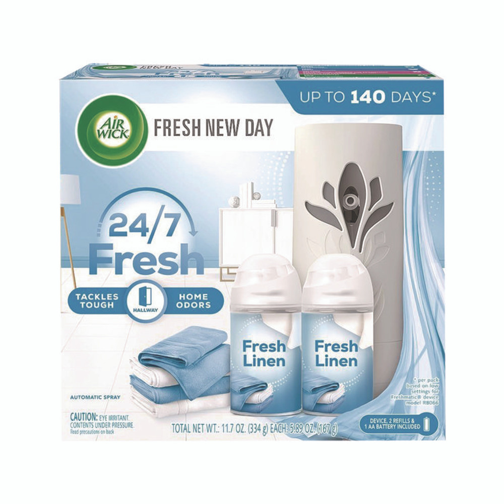 RECKITT BENCKISER Air Wick® 01918CT Freshmatic Ultra Automatic Starter Kit, Gadget/(2) 5.89 oz Fresh Linen Refills/AA Battery, 4 Kits/Carton
