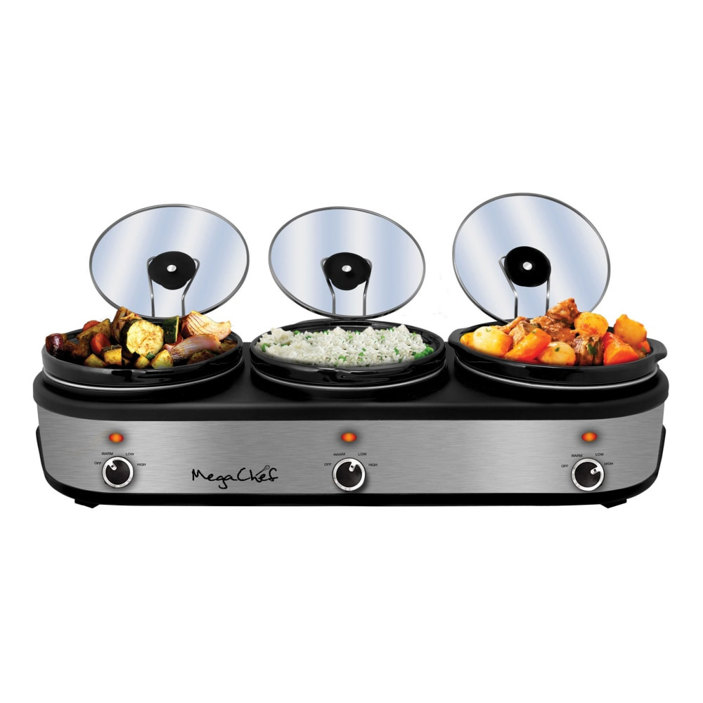 MEGAGOODS, INC. 995109458M MegaChef Triple 2.5 Qt. Slow Cooker and Buffet Server, Black/Brushed Silver