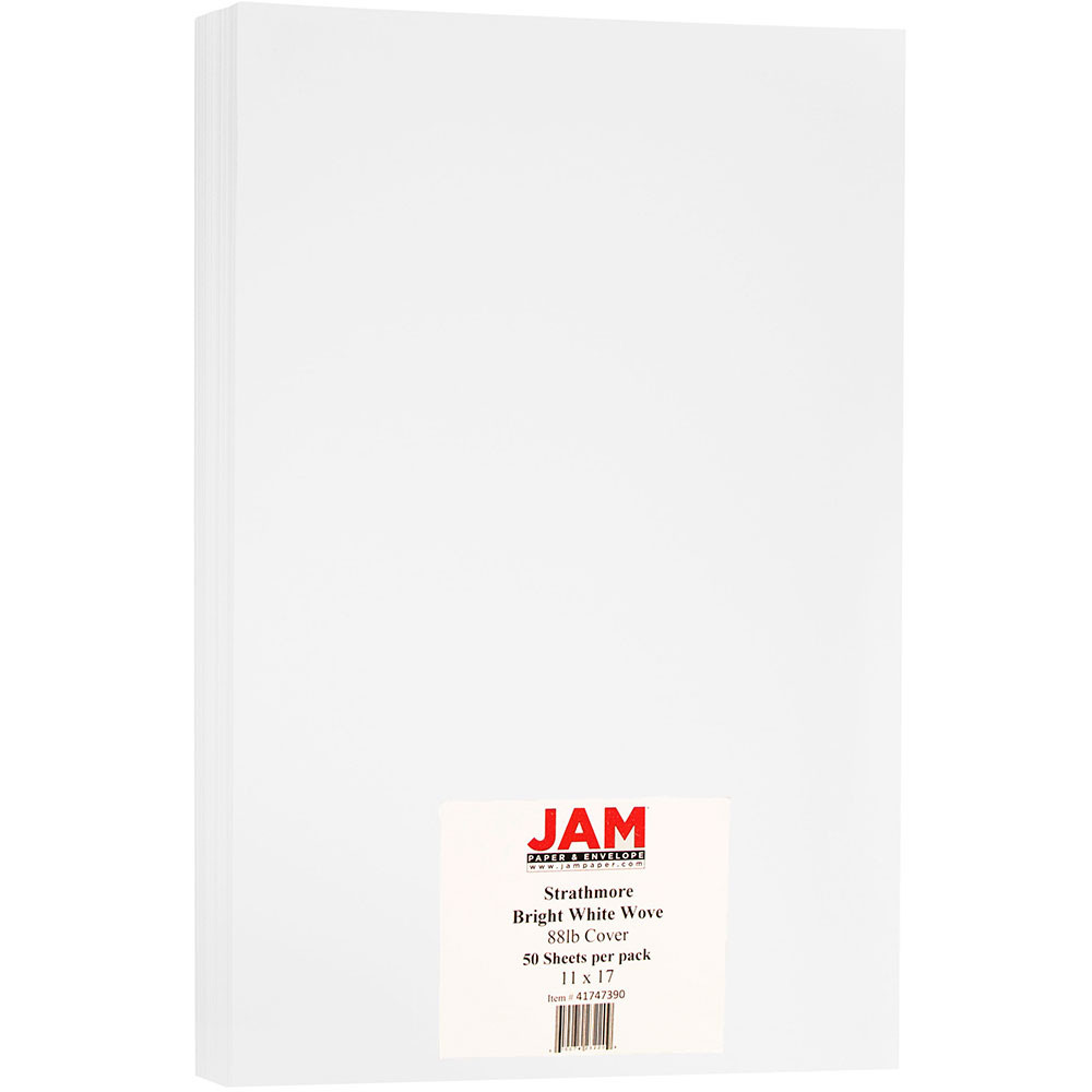 JAM PAPER AND ENVELOPE 41747390OD JAM Paper Card Stock, Strathmore Bright White Wove, Ledger (11in x 17in), 88 Lb, Pack Of 50