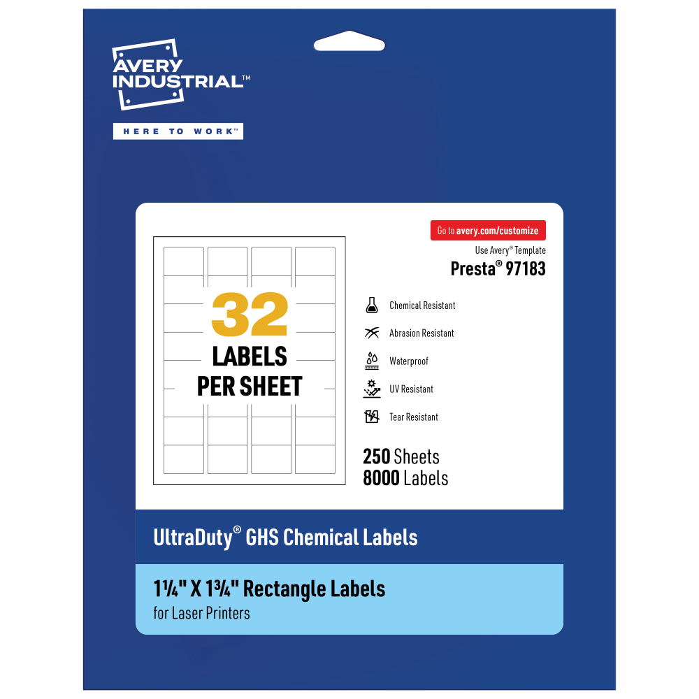 AVERY PRODUCTS CORPORATION 97183-WMU250 Avery Ultra Duty Permanent GHS Chemical Labels, 97183-WMU250, Rectangle, 1-1/4in x 1-3/4in, White, Pack Of 8,000