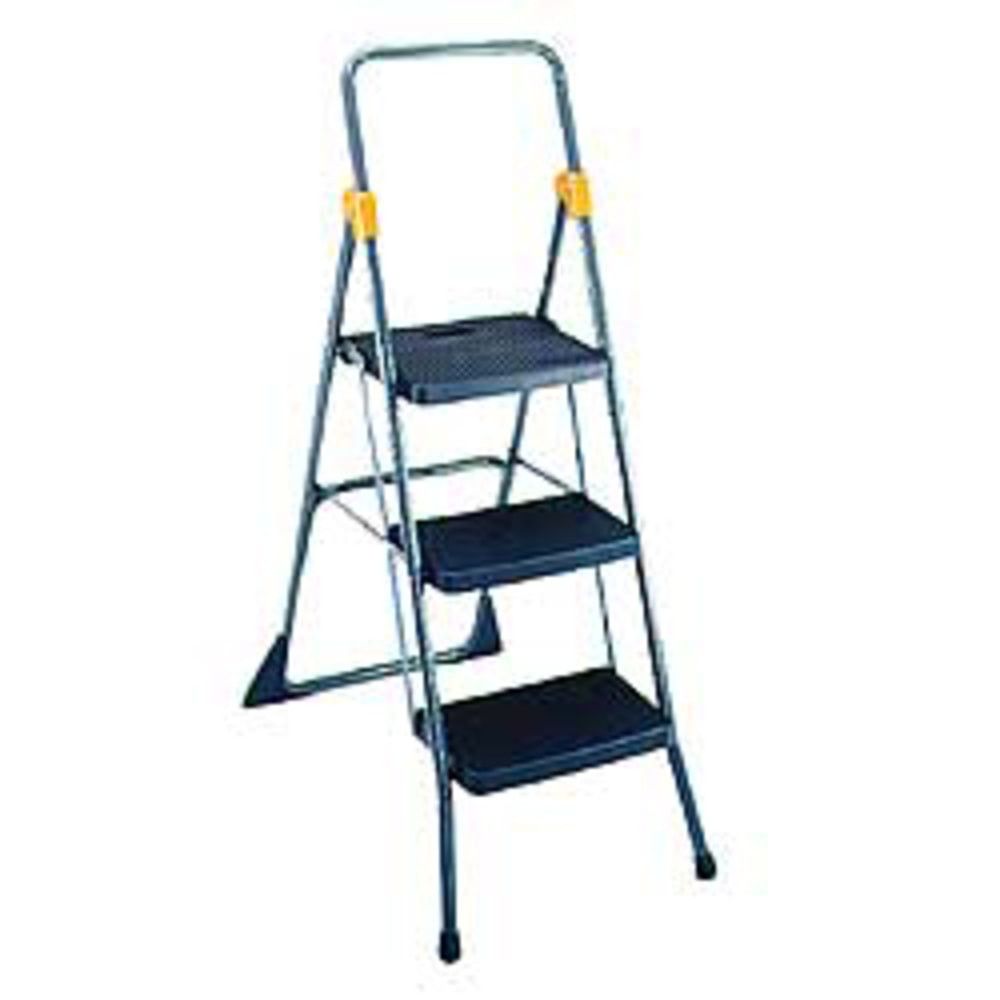 Step confidently up to hard-to-reach places  Tubular steel frame is durable and forms a handrail and knee brace.  Three steps for reaching various heights.  Top step measures: 14 1/2in x 12 1/4in  Weight capacity tested to support 300 lbs.  Nonskid treads on each step for added safety.  Folds to simplify storage.
