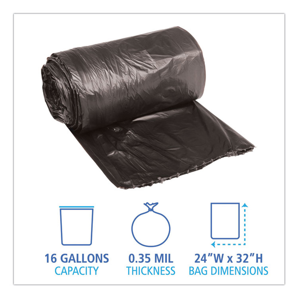 BOARDWALK 2432L Low-Density Waste Can Liners, 16 gal, 0.35 mil, 24" x 32", Black, Perforated Roll, 50 Bags/Roll, 10 Rolls/Carton
