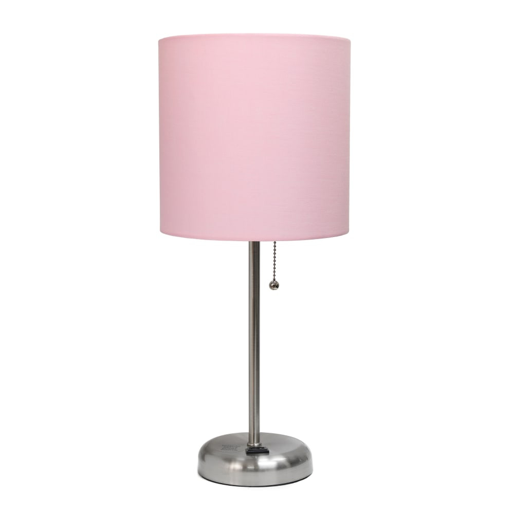 ALL THE RAGES INC CWT-2009-LP Creekwood Home Oslo Power Outlet Metal Table Lamp, 19-1/2inH, Light Pink Shade/Brushed Steel Base