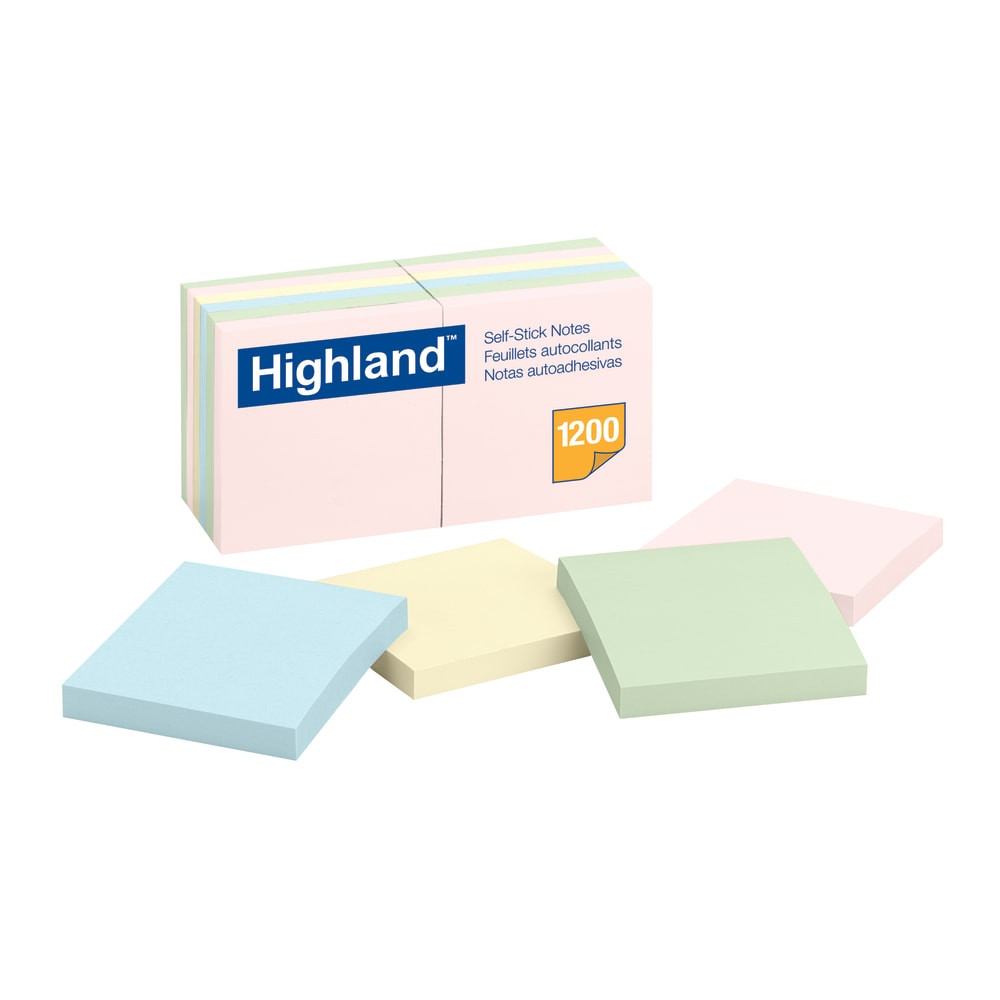 3M CO Highland 6549A  Notes, 3 in x 3 in, 12 Pads, 100 Sheets/Pad, Assorted Pastel Colors