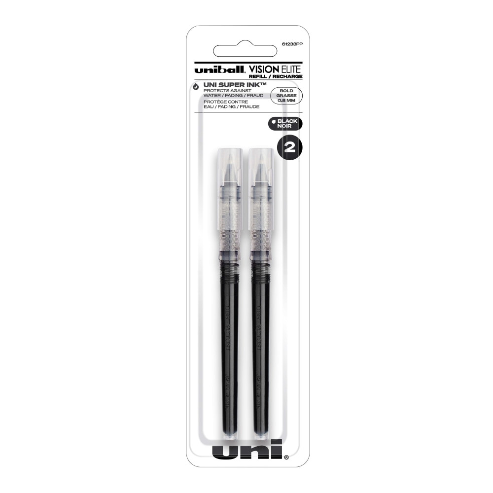 NEWELL BRANDS INC. Uni-Ball 61233  Vision Elite Liquid Rollerball Pen Refills, Bold Point, 0.8 mm, Black Ink, Pack Of 2