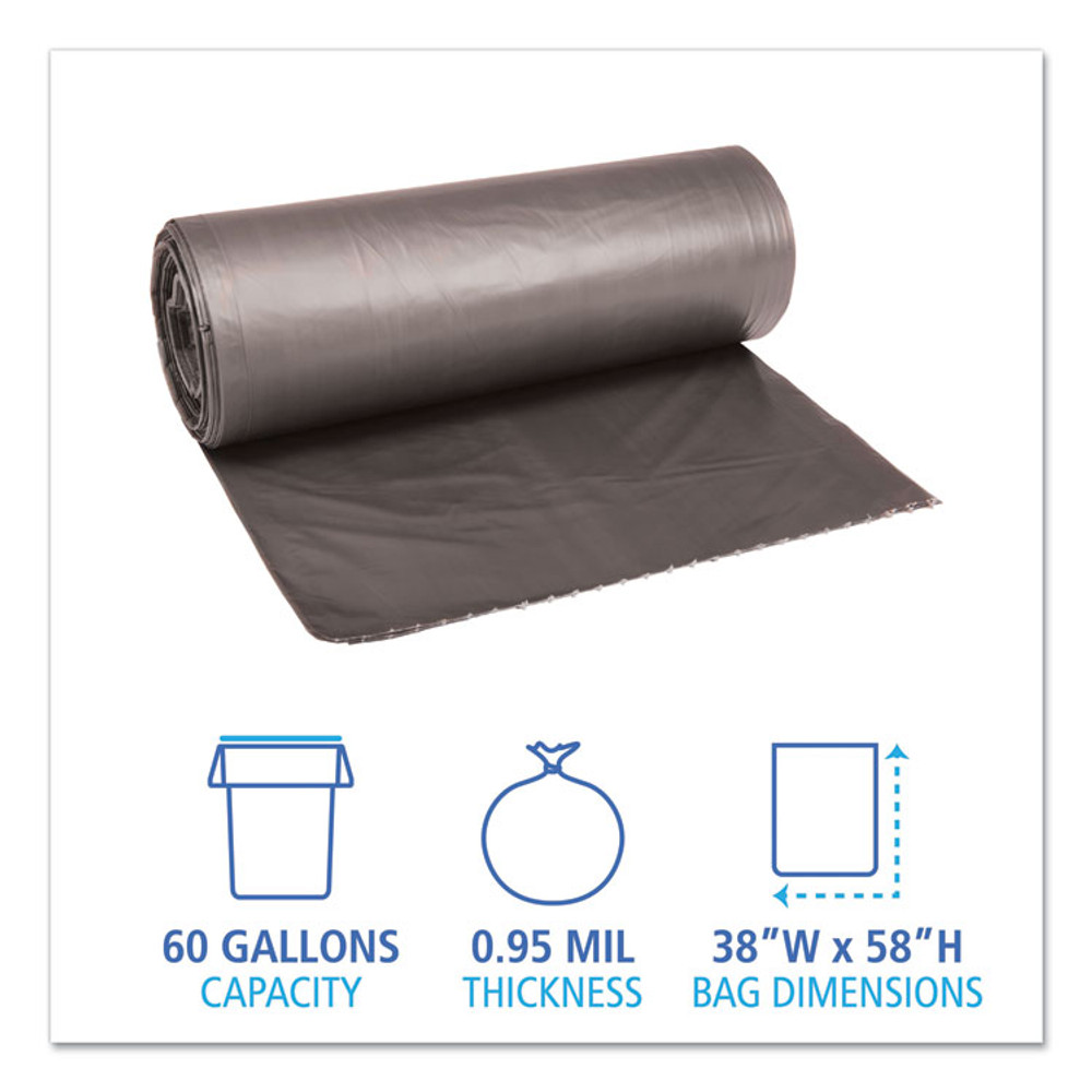 BOARDWALK 528 Low-Density Waste Can Liners, 60 gal, 0.95 mil, 38" x 58", Gray, Perforated Roll, 25 Bags/Roll, 4 Rolls/Carton