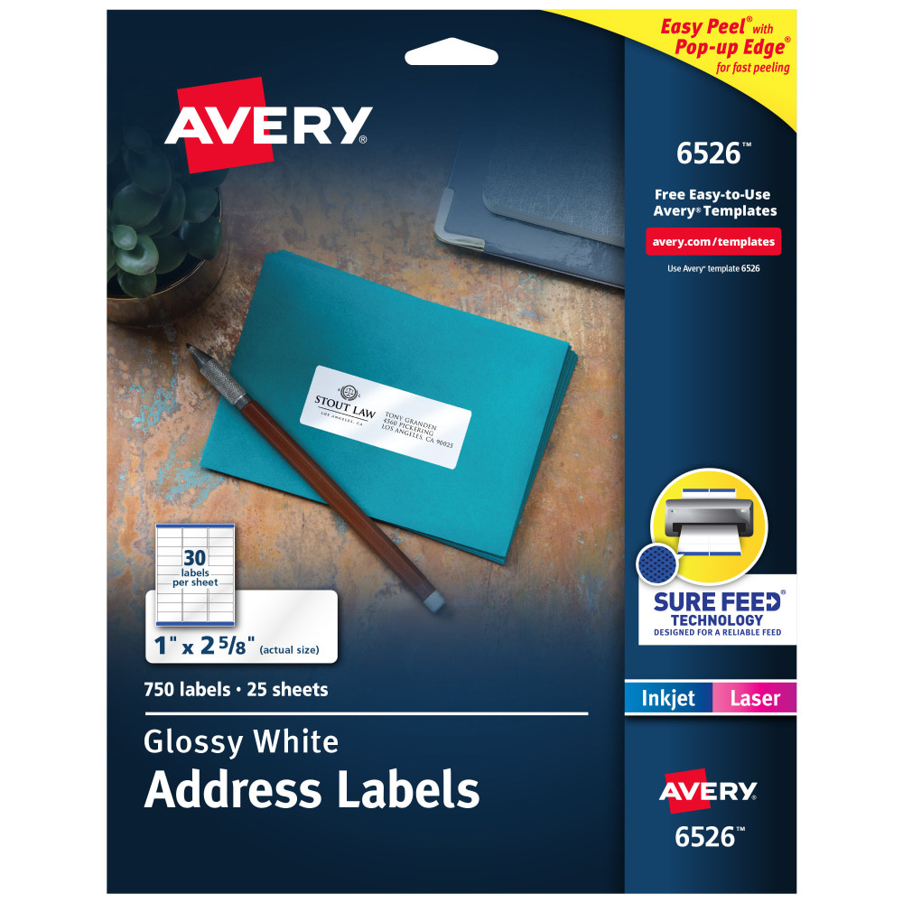 AVERY PRODUCTS CORPORATION Avery 6526  Address Labels With Sure Feed And Easy Peel Technology, 6526, Rectangle, 1in x 2-5/8in, Glossy White, Pack Of 750