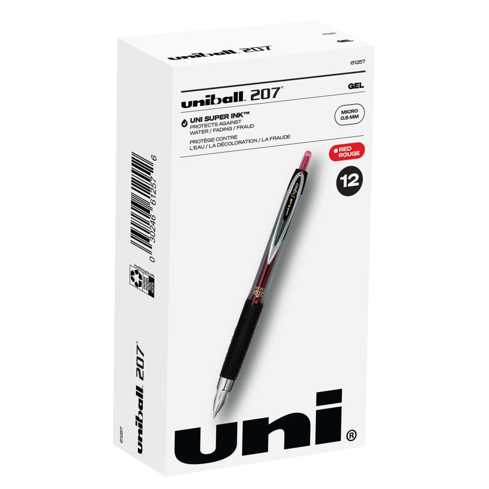 NEWELL BRANDS INC. Uni-Ball 61257  207 Retractable Fraud Prevention Gel Pens, Micro Point, 0.5 mm, Black Barrels, Red Ink, Pack Of 12