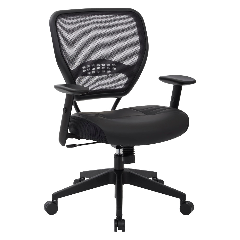 Finding the right seating solution for your workspace can help you stay focused on whatever project comes your way. This Office Star Space Seating chair delivers the comfort you need thanks to a selection of adjustable features, including tilt and arm height, and has plush padding to cushion your body as you move through your workflow. Thanks to the leather design, this chair looks sleek and professional.  Lumbar support.  Waterfall seat cushion.  Mesh back with padding.  Bonded leather seat.  Pneumatic seat-height adjustment.  2-to-1 synchro tilt control with adjustable tilt tension.  Padded arms are angled.  Angled nylon base features oversize dual-wheel carpet casters.  Assembly required.  Black bonded-leather chair blends with a variety of decor.  GREENGUARD certified - certified for low chemical emissions: UL.COM/GG - UL 2818. Ranked in two tiers: Certified and Gold.  Less harsh chemicals - made with fewer harsh chemicals, or safer chemicals than typical alternatives, helping  reduce your use of and exposure to substances that may be more harmful to your health and the environment.  Contains Recycled Content - See Specs for Details.