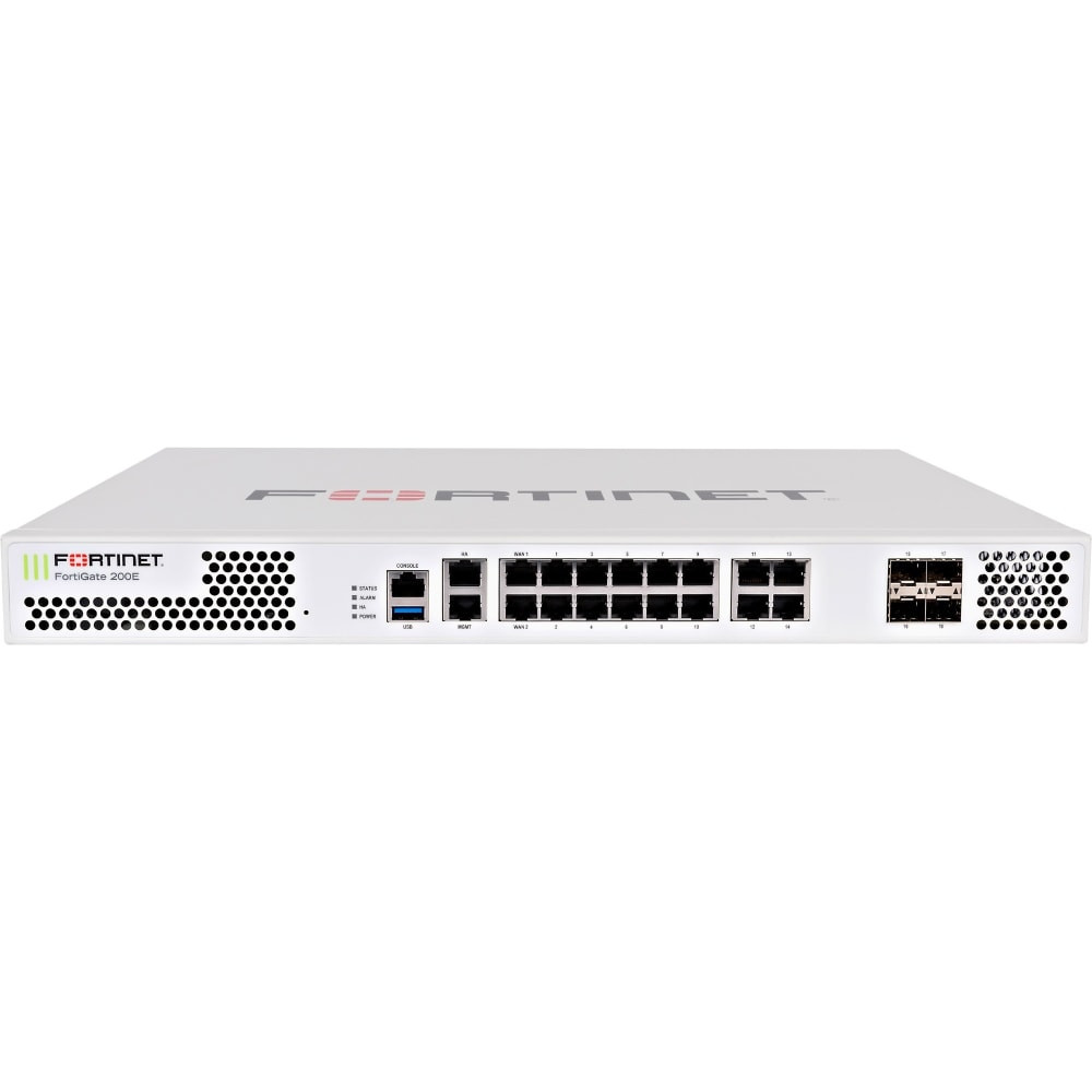 GEORGIA PEACH PRODUCTS, INC. Fortinet FG-200E-BDL-950-12  FortiGate 200E Network Security/Firewall Appliance - 16 Port - 1000Base-T, 1000Base-X - Gigabit Ethernet - AES (128-bit), AES (256-bit), SHA-256 - 16 x RJ-45 - 4 Total Expansion Slots - 1U - R