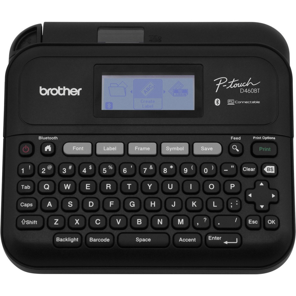 Create professional-looking labels with the Brother P-touch PT-D460BT Business Expert Connected Label Maker with Bluetooth. Prints Brother Genuine TZe label tapes up to ~3/4in (18mm).  LABEL & ORGANIZE PRACTICALLY ANYTHING. With up to ~3/4in (18mm) labels. It's the perfect organizational partner for your workspace or business!  CONNECT AND CREATE WITH FREE BROTHER P-TOUCH EDITOR SOFTWARE(1). Make professional- looking labels with barcodes, images, and QR codes from a Mac or PC computer with a USB or Bluetooth connection.  BROTHER P-TOUCH EVEN GOES MOBILE WITH FREE BROTHER IPRINT&LABEL SOFTWARE. Connect your iOS or Android device via Bluetooth to create and print labels, plus access your contacts to quickly coordinate mailings or create custom ID labels.  USES DURABLE BROTHER GENUINE TZE LABEL TAPES. Water-resistant, fade-resistant, and chemical-resistant for indoor/outdoor use. Available in a variety of finishes and colors, with application-specific options such as cable-labeling or ID cards.  EXPRESS YOURSELF. With 16 fonts, 15 font styles, 140 frames, and 800 symbols.  40 PRE-SET LABEL TEMPLATES. Create and print labels in an instant with a variety of templates for specific business usages such as asset management, client listings, resources, and more.  PREVIEW LABELS BEFORE THEY'RE PRINTED. Easily avoid errors on the large 20-character, 2-line backlit display.  SEE IT CLEARLY. Labels print with sharp 180 dpi print resolution.  MEMORY SAVES UP TO 70 COMMONLY USED LABELS. Create them, save them, find them, and reprint them as many times as needed!  MAKE A BOLD STATEMENT. Add up to 5 lines of text with 7 variable font sizes.  Disclaimer: (1) Additional download required. Software app compatibility may vary based on operating system. App availability may vary based on country.