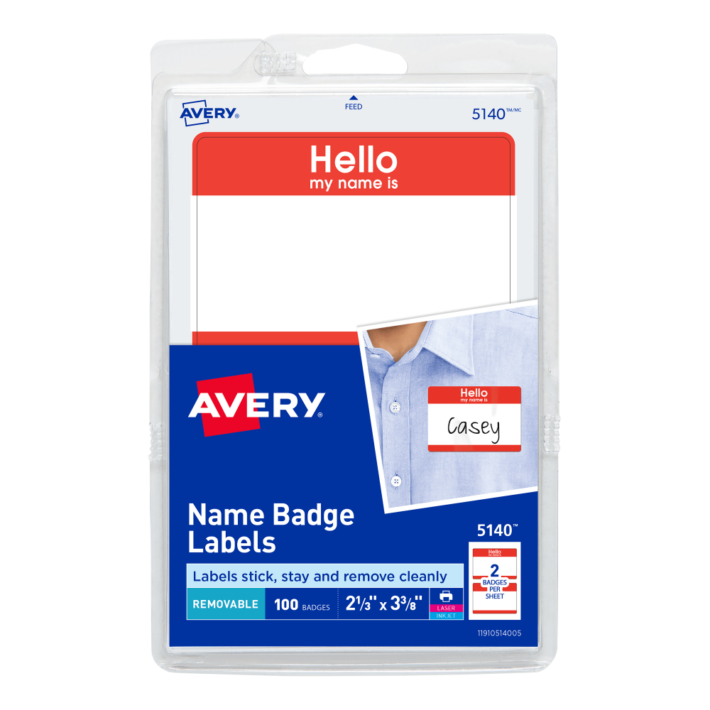 AVERY PRODUCTS CORPORATION Avery 5140  "Hello My Name Is" Name Tags, 05140, 2-1/3in x 3-3/8in, White With Red Border, 100 Removable Name Badges