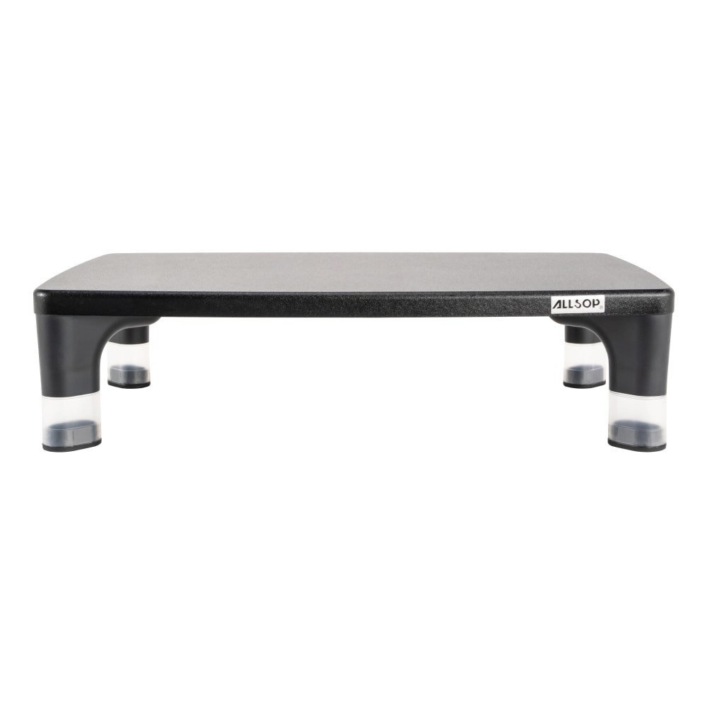 The Allsop Hi-Lo Adjustable Monitor Stand features a sturdy long-lasting wood platform, removable legs for height adjustment, and non-slip rubber feet to prevent sliding. The innovative Hi-Lo interchangeable leg system allows users to choose the best ergonomic height for their desk setup. Monitor stand height may be set at 2.8in or 4in depending on how much elevation is required for ideal ergonomic comfort.  Sleek monitor stand with sturdy-finish MDF surface.  Modern design complements interiors and office spaces.  Easily change between two heights - 2.8? or 4?.  Change height using included spacers.  Supports monitors up to 32? and 30 lbs.