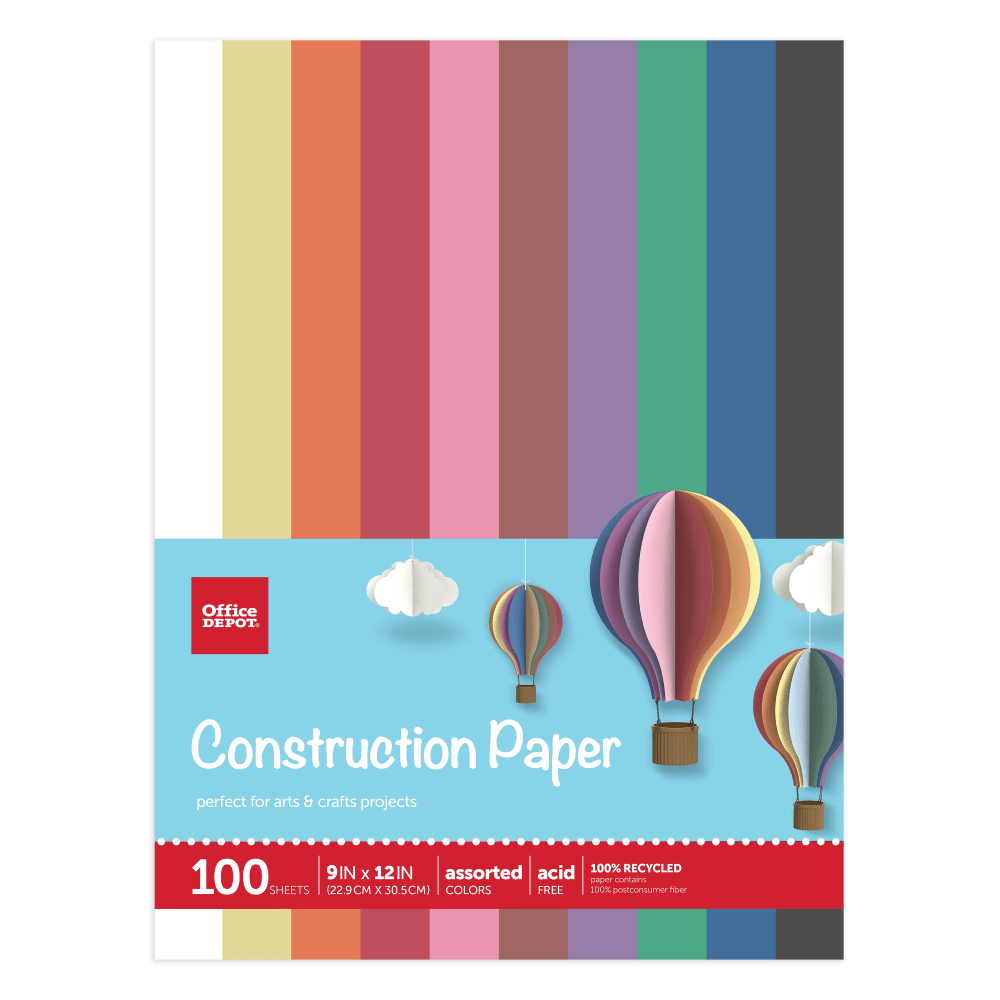 OFFICE DEPOT SI/1024C  Brand Construction Paper, 9in x 12in, 100% Recycled, Assorted Colors, Pack Of 100 Sheets
