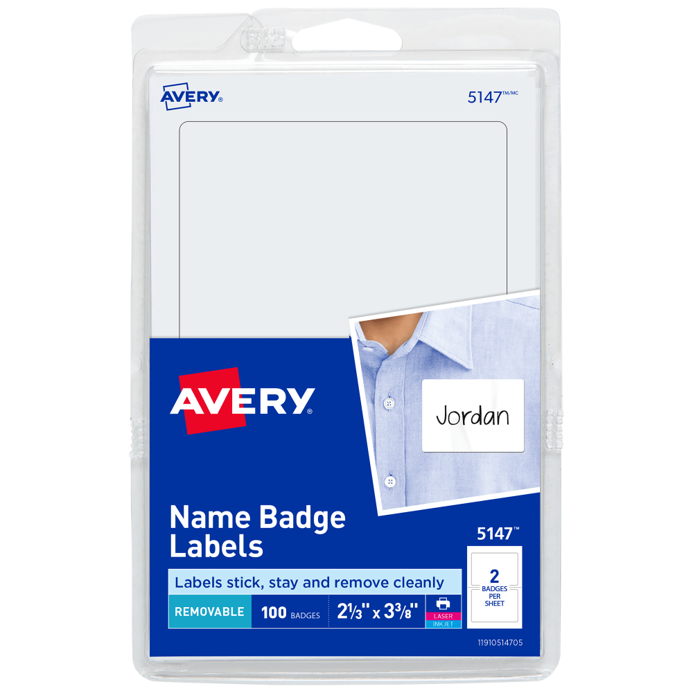AVERY PRODUCTS CORPORATION Avery 5147  Name Tags, 05147, 2-1/3in x 3-3/8in, White, 100 Removable Name Badges