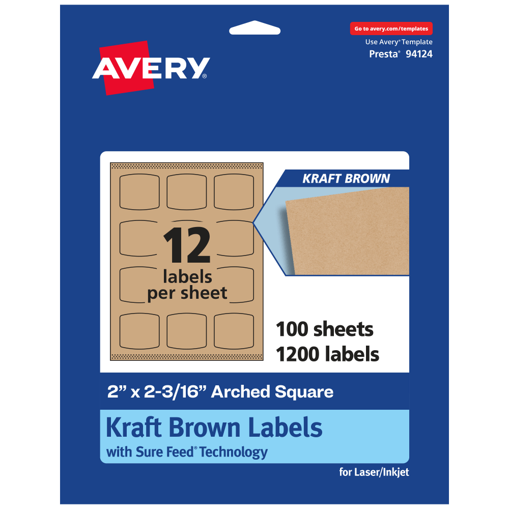 AVERY PRODUCTS CORPORATION 94124-KMP100 Avery Kraft Permanent Labels With Sure Feed, 94124-KMP100, Arched Square, 2in x 2-3/16in, Brown, Pack Of 1,200