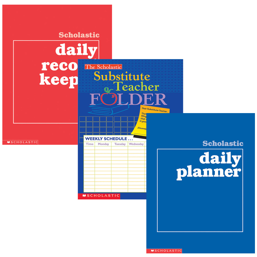 Plan ahead with the Scholastic Teacher Resources Planner & Record Keeper Set. The set includes a substitute folder, a daily planner and a daily record keeper so you can plan ahead, stay organized and focus on your lesson plans.  Includes 1 substitute teacher folder, 1 daily planner and 1 daily record keeper.  Substitute folder has a storage pocket, charts, checklists, helpful notes and more to keep your temporary replacement informed.  Daily planner has planning forms for each week of the school year and a class roster.  Daily record keeper includes forms for recording grades.