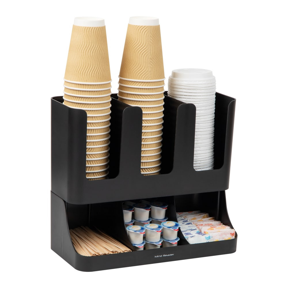 EMS MIND READER LLC UPRIGHT6-BLK Mind Reader 6-Compartment 2-Tier Coffee Condiment And Cup Organizer, 11-1/2inH x 6-32/5inW x 13inD, Black