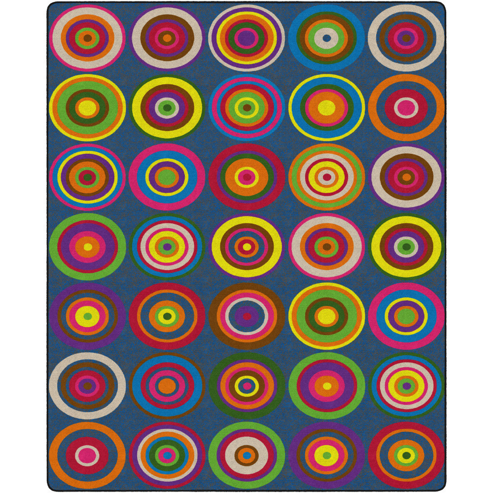 Whether you are teaching an interactive lesson or having a show-and-tell day, a rug can help you in the classroom. This colorful rug features plenty of rings, so each child can find their seating spot for the days activity.  Nylon construction creates a soft spot for students to sit.  Colorful rings allow you to make a fun seating chart.  Dry clean or vacuum for simple maintenance.  This product is heavy and/or oversized and may need more than one person to handle.