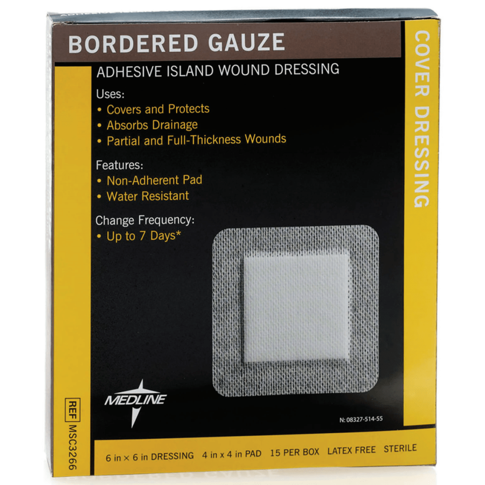 MEDLINE INDUSTRIES, INC. Medline MSC3266Z  Sterile Border Gauze Pads, 6in x 6in, White, Box Of 15 Pads