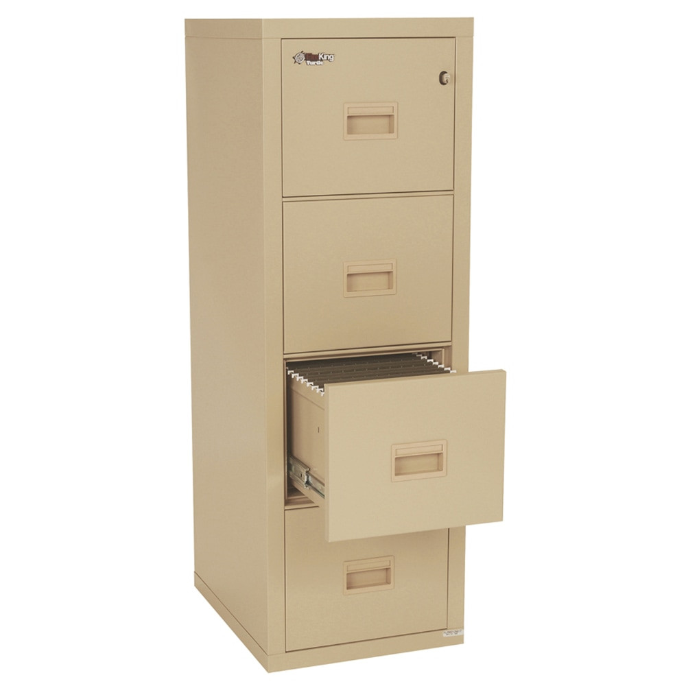 This FireKing Turtle 4-drawer fireproof file cabinet offers reliable protection for your letter- and legal-size files. With a compact footprint and a rugged design, this insulated file cabinet will provide much-needed peace of mind.  FireKing Turtle lockable fireproof file cabinet holds letter-size files front-to-back and legal-size files side-to-side.  UL Class 350 - rated to withstand fires for up to 1 hour at 350 degrees.  FireKing Turtle 4-drawer filing cabinet can be dropped up to 30ft without compromising its integrity.  4-pin key lock helps keep files stored inside this FireKing Turtle 4-drawer fireproof filing cabinet confidential.  Backed by the manufacturers 2-year limited warranty  Backed by the manufacturers limited lifetime warranty with free replacement after-fire guarantee.  Dock-To-Dock Delivery: Delivered direct from FireKing to customers dock. The customer is fully responsible for removing their order from the truck, installation and debris removal. Not for residential locations.  White Glove Delivery is available. If White Glove delivery is preferred, please contact Office Depot Customer Service at 1.800.Go.Depot (463-3768), and reference SKU 435075. A customer service agent will be happy to assist you.  This product is heavy and/or oversized and may need more than one person to handle.