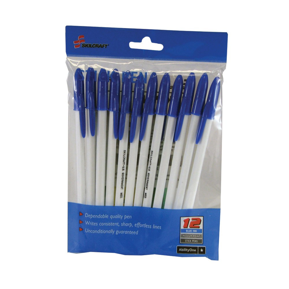 NATIONAL INDUSTRIES FOR THE BLIND 7520-01-058-9977 SKILCRAFT Ballpoint Pens, Medium Point, White Barrel, Blue Ink, Pack Of 12