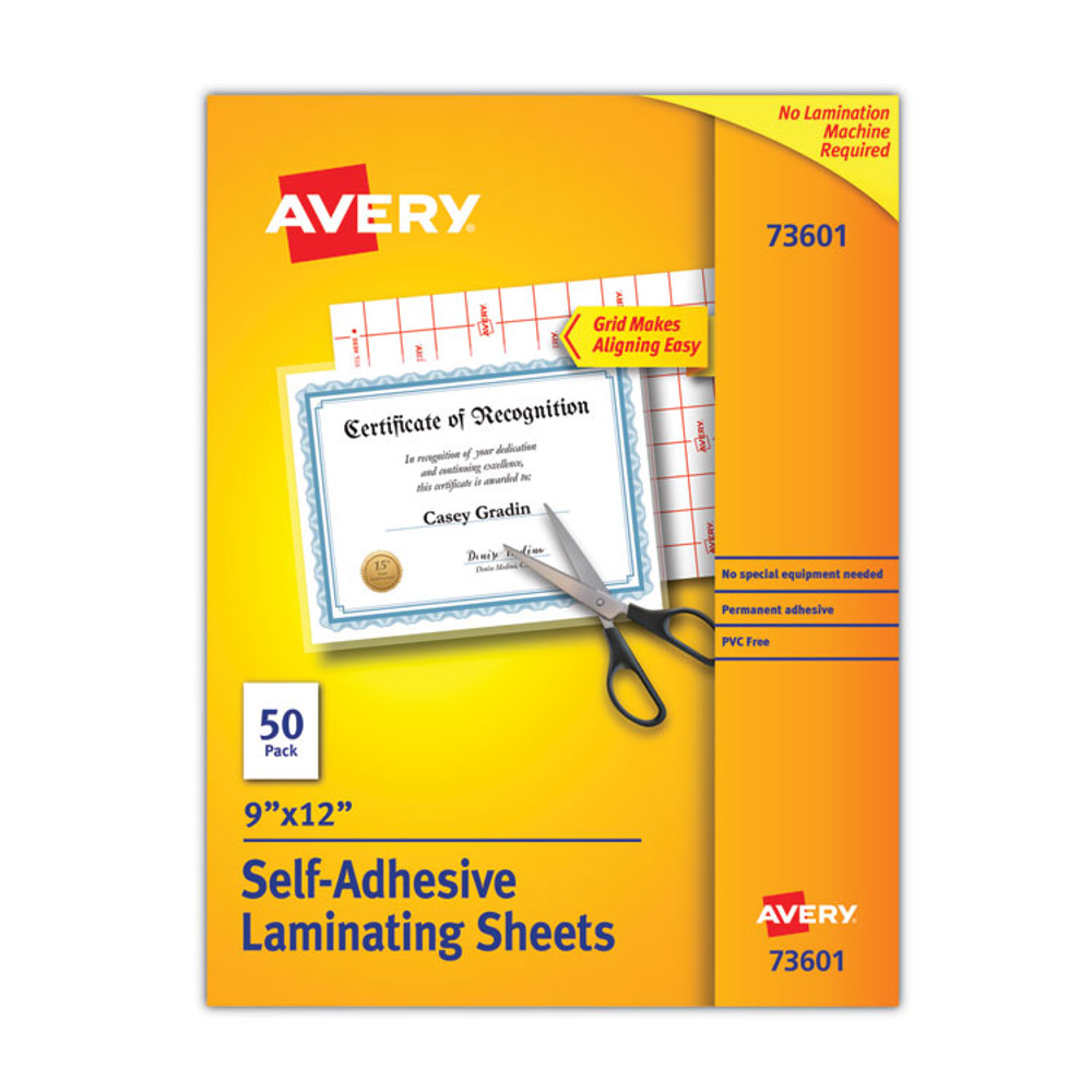 AVERY PRODUCTS CORPORATION 73601 Clear Self-Adhesive Laminating Sheets, 3 mil, 9" x 12", Matte Clear, 50/Box