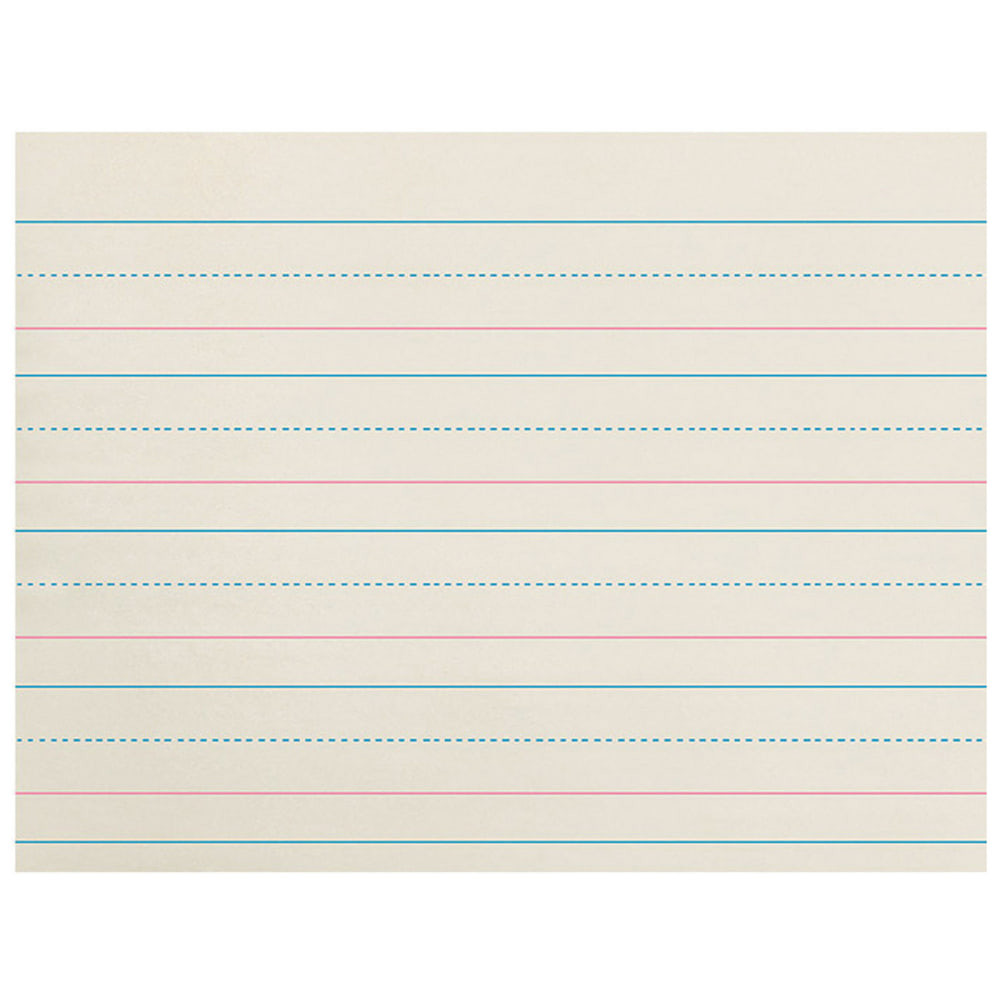 Newsprint Handwriting Paper helps students work on their penmanship. The acid-free paper helps resist fading and features ruling on both sides.  Acid-free to prevent yellowing or fading.  500 sheets per pack to keep your classroom stocked.  Conforms to Zaner-Bloser Grades Pre-K and K handwriting programs  1-1/8in ruled on both sides with 9/16in blue dotted midline, red baseline and 9/16in skip space  Sheets measure 10-1/2in x 8in ruled the long way  Sold as 3 packs for a total of 1500 sheets