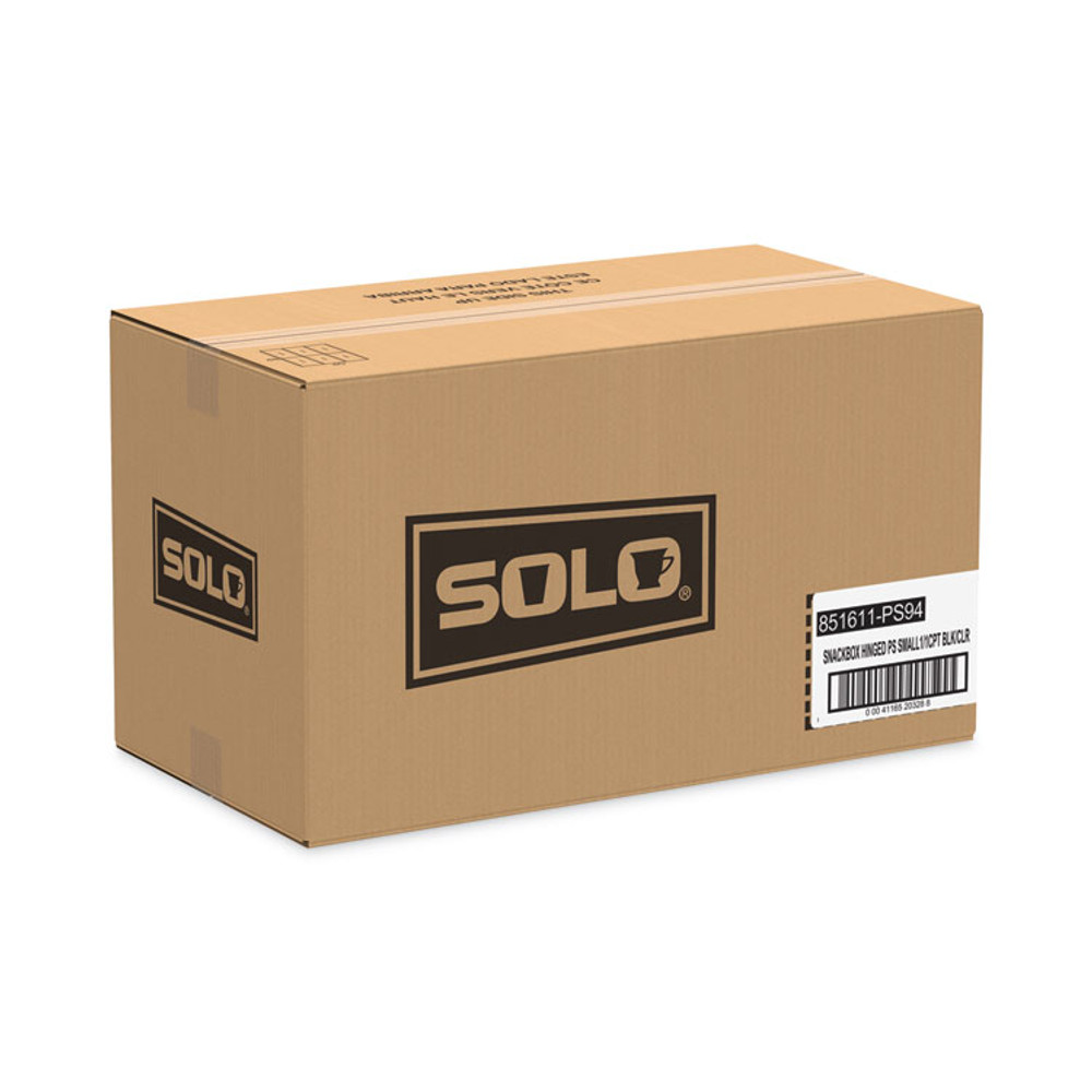 DART SOLO® 851611PS94 Creative Carryouts Hinged Plastic Hot Deli Boxes, Medium Snack Box, 18 oz, 6.22 x 5.9 x 2.1, Black/Clear, 200/Carton