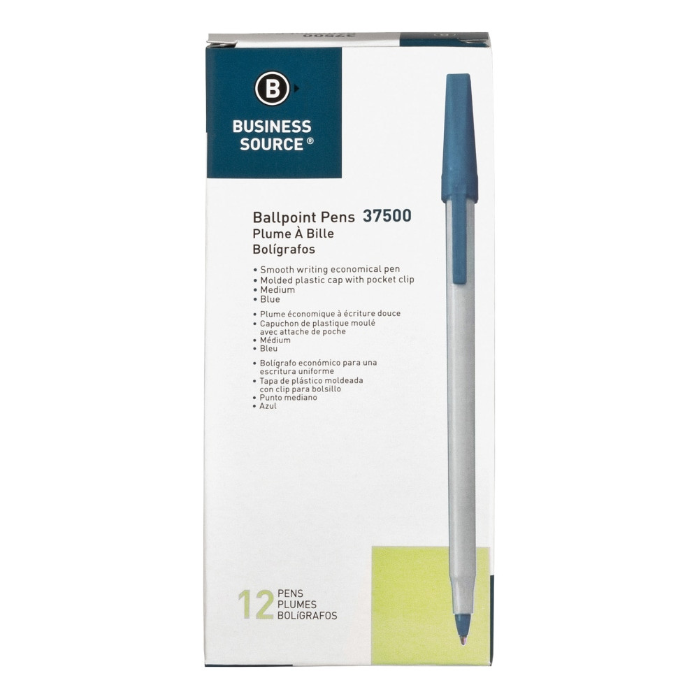 SP RICHARDS 37500 Business Source Medium Point Ballpoint Stick Pens - Medium Pen Point - Blue - Light Gray Barrel - Stainless Steel Tip - 1 Dozen