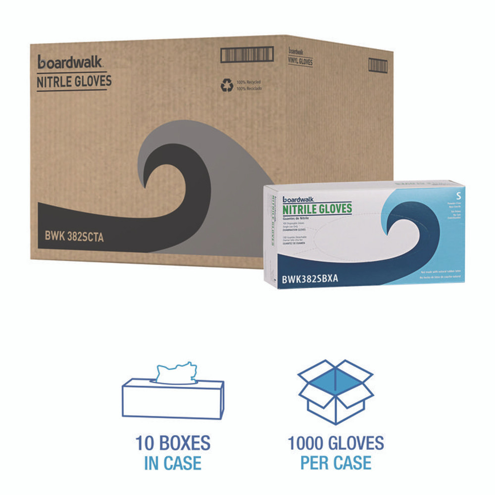 BOARDWALK 382SCTA Disposable Examination Nitrile Gloves, Powder-Free, Small, 5 mil Thick, 9.5" Long, Blue, 100/Box, 10 Boxes/Carton