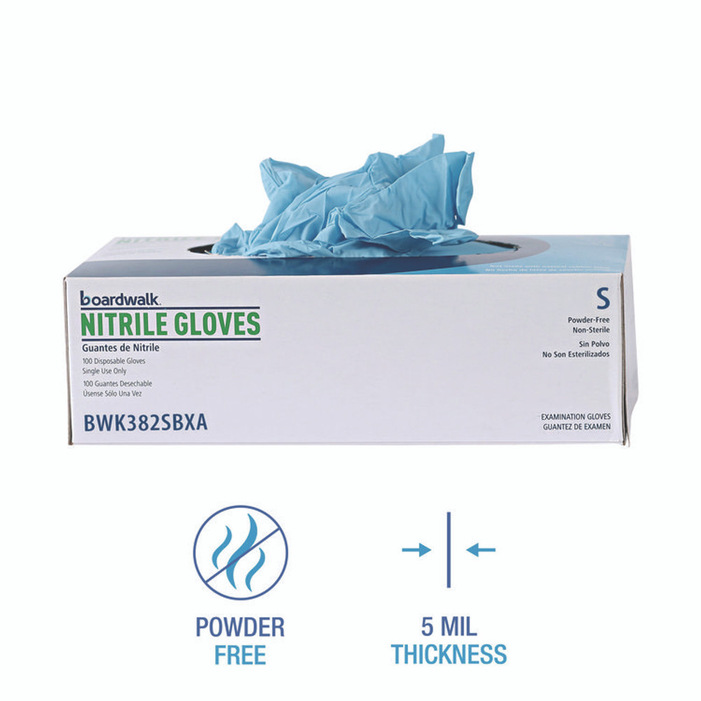 BOARDWALK 382SCTA Disposable Examination Nitrile Gloves, Powder-Free, Small, 5 mil Thick, 9.5" Long, Blue, 100/Box, 10 Boxes/Carton