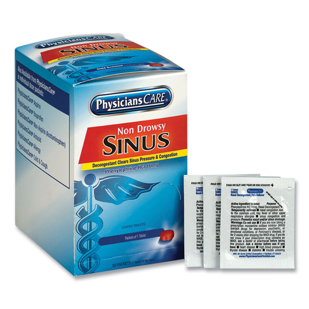 ACME UNITED CORPORATION PhysiciansCare® 90087 Sinus Decongestant Congestion Medication, One Tablet/Pack, 50 Packs/Box