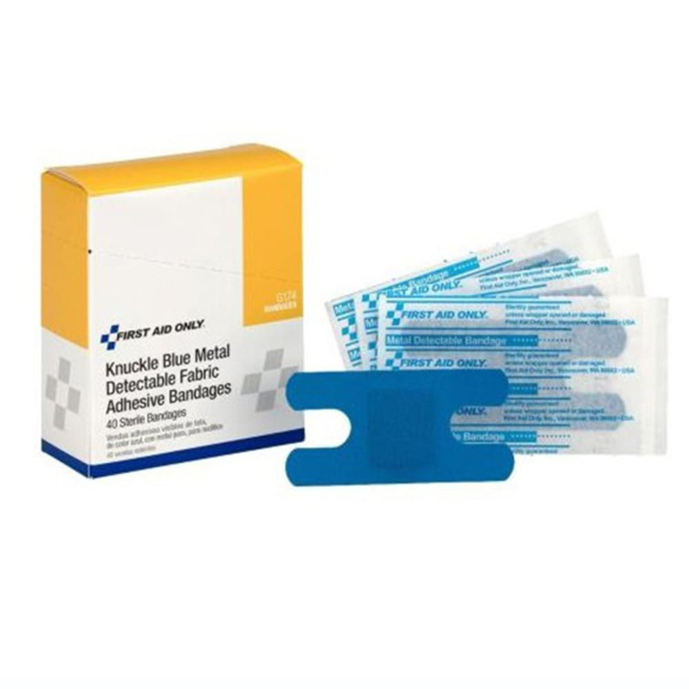 FIRST AID ONLY, INC. G174 First Aid Only Metal-Detectable Knuckle Bandages, 1-1/2in x 3in, Blue, Box Of 40 Bandages