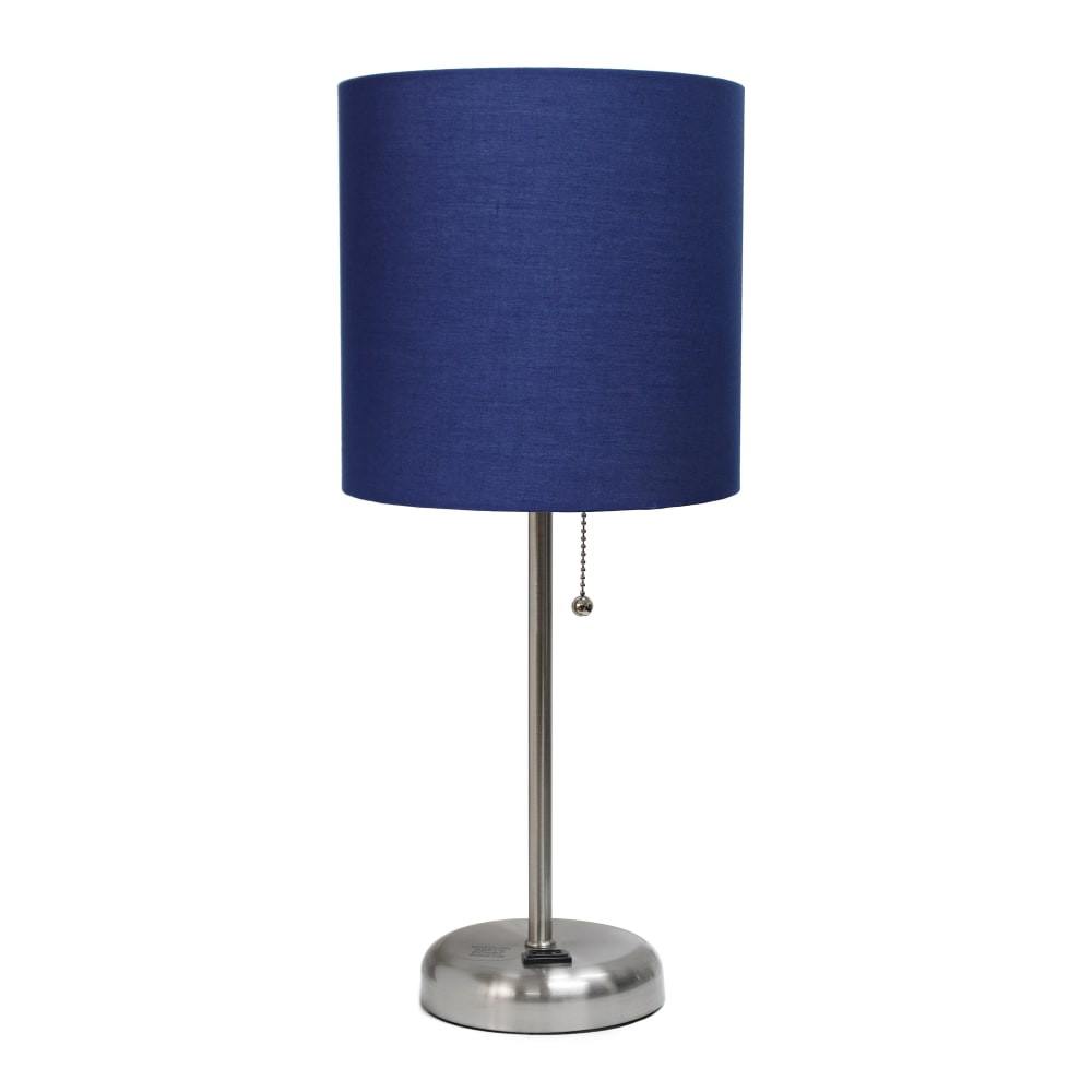 ALL THE RAGES INC CWT-2009-NV Creekwood Home Oslo Power Outlet Metal Table Lamp, 19-1/2inH, Navy Blue Shade/Brushed Steel Base