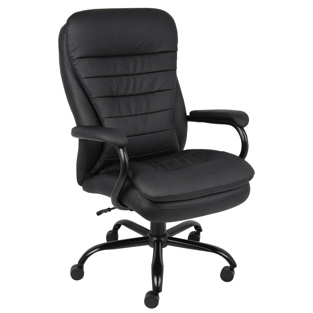 Upholstered in breathable CaressoftPlus vinyl, this Boss heavy-duty big and tall chair is a great addition to a workspace or home office. When you sit in a comfortable, padded executive-style chair, you are able to avoid distractions and finish up all of the tasks on your to-do list. The lumbar support feature keeps you comfortable throughout the day.  CaressoftPlus vinyl is breathable upholstery that looks and feels like leather, it is durable and easy to clean.  Double-plush cushions and an extra-wide, deep seat.  Waterfall seat cushion.  Lumbar support.  Frame features a heavy-duty, spring-tilt mechanism.  Pneumatic gas-lift seat-height adjustment.  27in metal five-star base with 3in double-wheel casters.  Assembly is required.  Modern executive high-back chair in black.  Tested to meet ANSI/BIFMA Performance Standards - Manufacturer testing has been conducted on this product to meet specific performance requirements and safety standards set forth by the American National Standards Institute (ANSI) and the Business and Institutional Furniture Manufacturers.  This product is heavy and/or oversized and may need more than one person to handle.