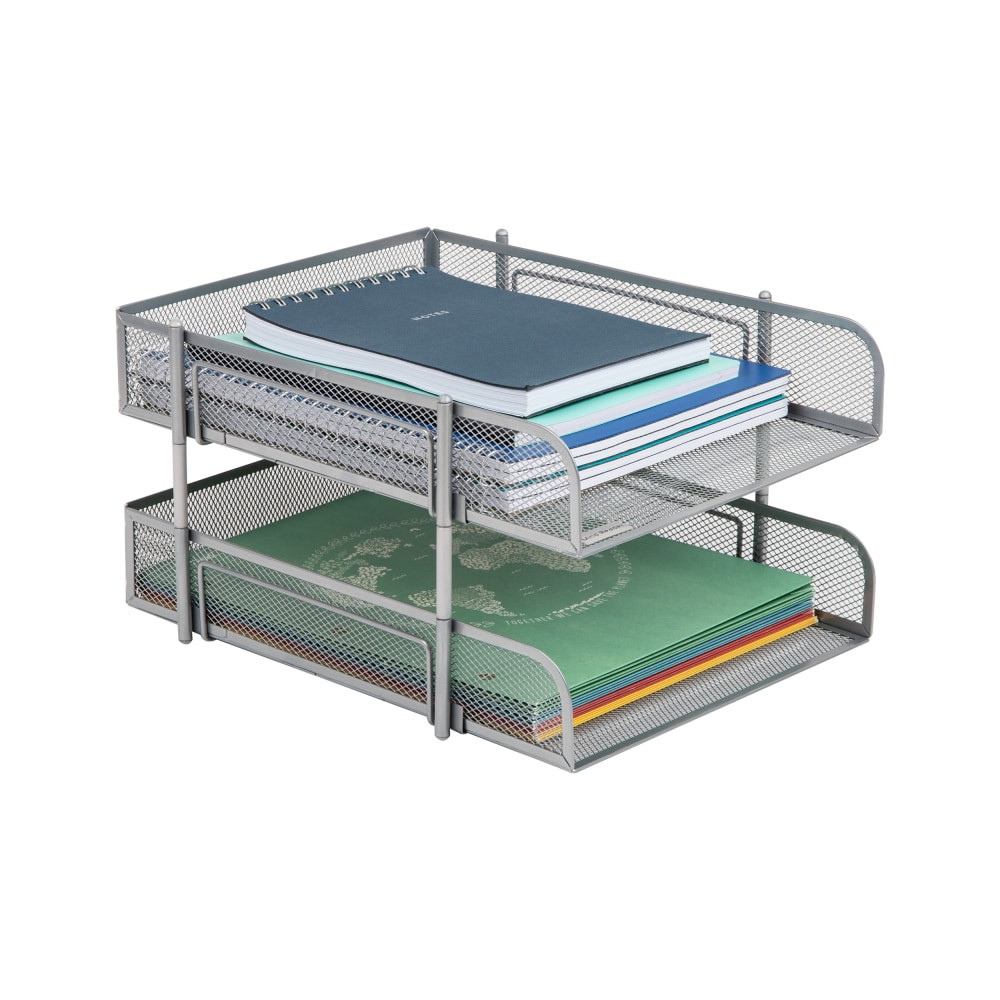 EMS MIND READER LLC CSTACK2-SIL Mind Reader 2-Tier Metal Stackable Paper Tray, 7-1/2inH x 10-1/2inW x 13-1/4inD, Silver