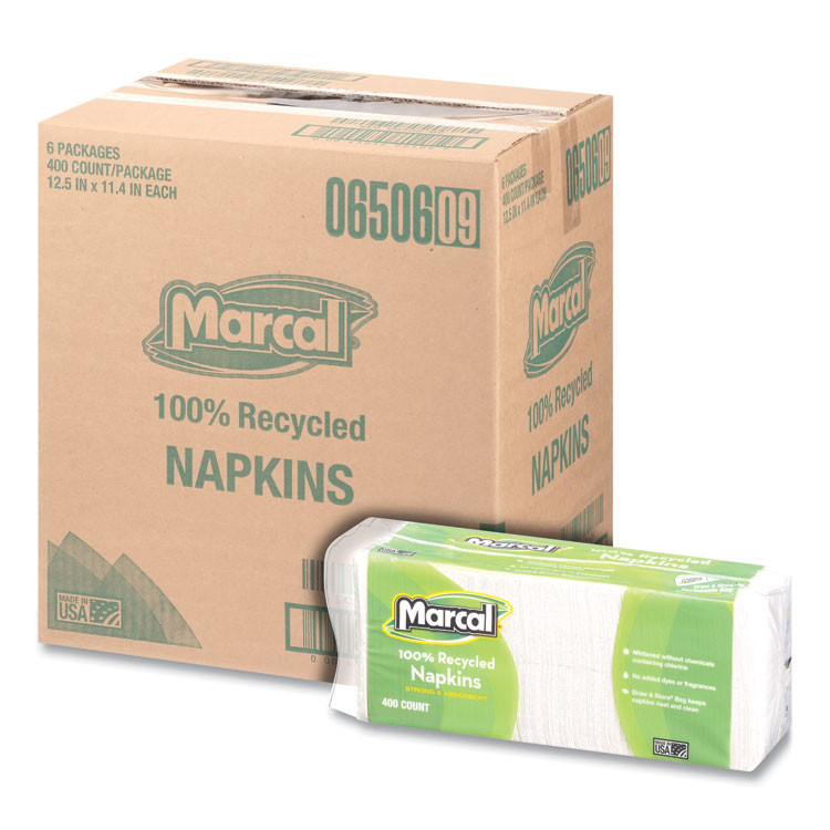 SOUNDVIEW Marcal® 6506 100% Recycled Luncheon Napkins, 1 Ply, 11.4 x 12.5, White, 400/Pack, 6 Packs/Carton