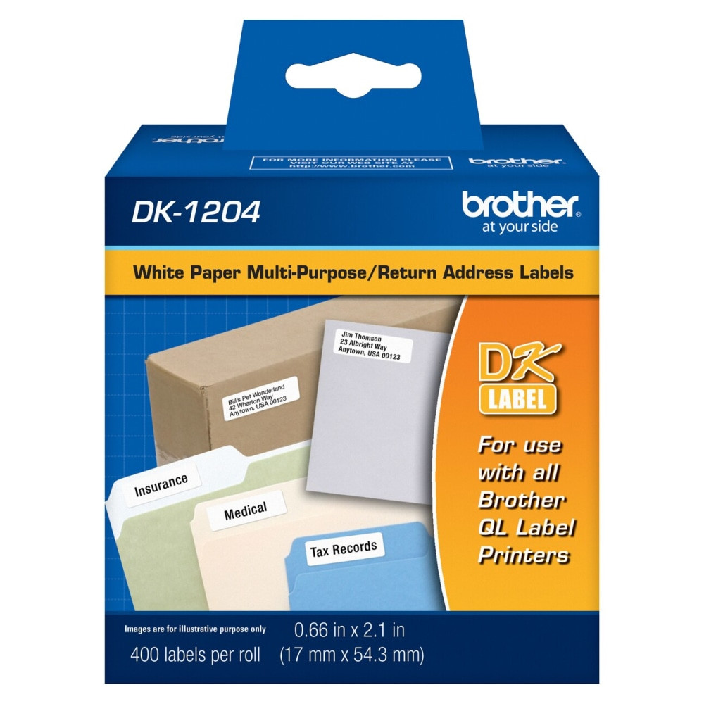 BROTHER INTL CORP Brother DK1204  DK-1204 Black-On-White Labels, 0.67in x 2.13in, Roll Of 400