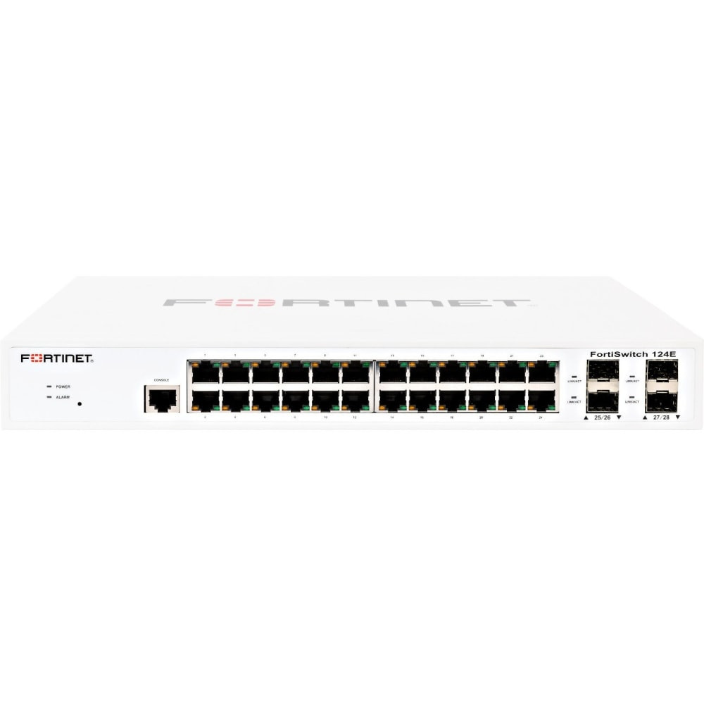 FORTINET, INC. Fortinet FS-124E  FortiSwitch FS-124E Ethernet Switch - 24 Ports - Manageable - Gigabit Ethernet - 1000Base-X, 10/100/1000Base-T - 2 Layer Supported - Modular - 4 SFP Slots - Power Supply - 17.79 W Power Consumption - Optical Fiber, Tw