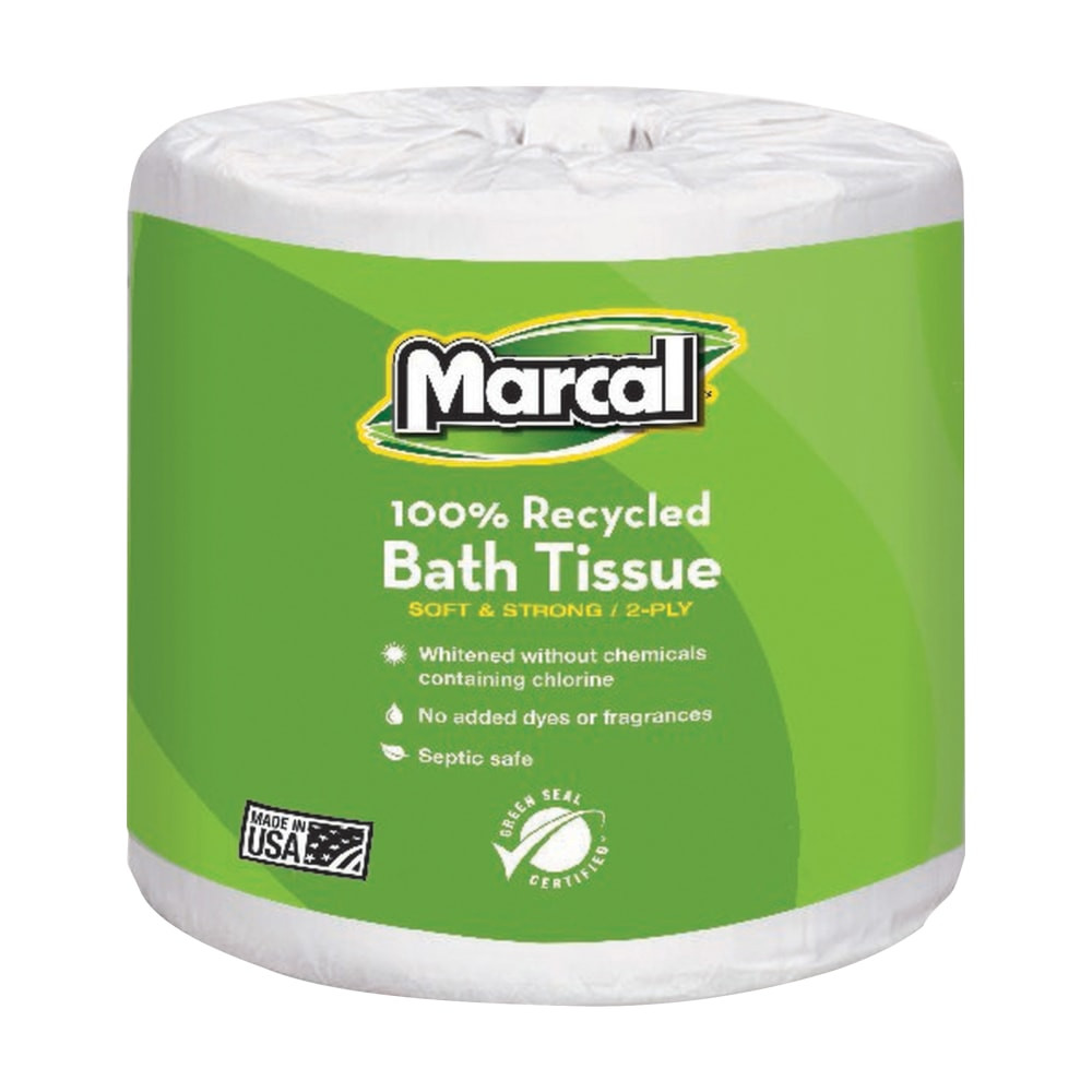 Marcal Small Steps 2-ply toilet paper takes your businesss bathroom one giant eco leap ahead. Hypoallergenic, dye-free, fragrance-free, and chlorine-free, this tissue is the ideal choice for any caring company.  Strong and soft embossed paper is a little more luxurious than your average eco brand.  Virtually lint-free, this paper is clean to use and wonT cause unpleasant paper dust on surfaces.  Septic-safe for delicate disposal systems.  Made without dyes or fragrances for a more natural tissue choice.  Hypoallergenic, taking care of the most sensitive skin.  Dispenser case for neat, organized storage.  Healthy for your body and for nature.  Longer 336 sheet rolls minimize maintenance.  Pack of 48 rolls.  White paper.  Green Seal certified - reduced environmental impact from an overall lifecycle standpoint.  Less harsh chemicals - made with fewer harsh chemicals, or safer chemicals than typical alternatives, helping  reduce your use of and exposure to substances that may be more harmful to your health and the environment.  Contains Recycled Content - See Specs for Details.