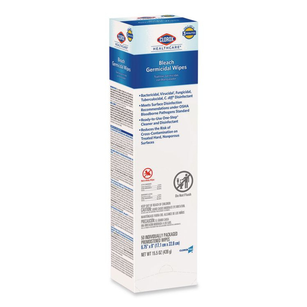 CLOROX SALES CO. Healthcare® 31424 Bleach Germicidal Wipes, Individual Wipes, 1-Ply, 6.75 x 9, Unscented, White, 50/Box, 6 Boxes/Carton