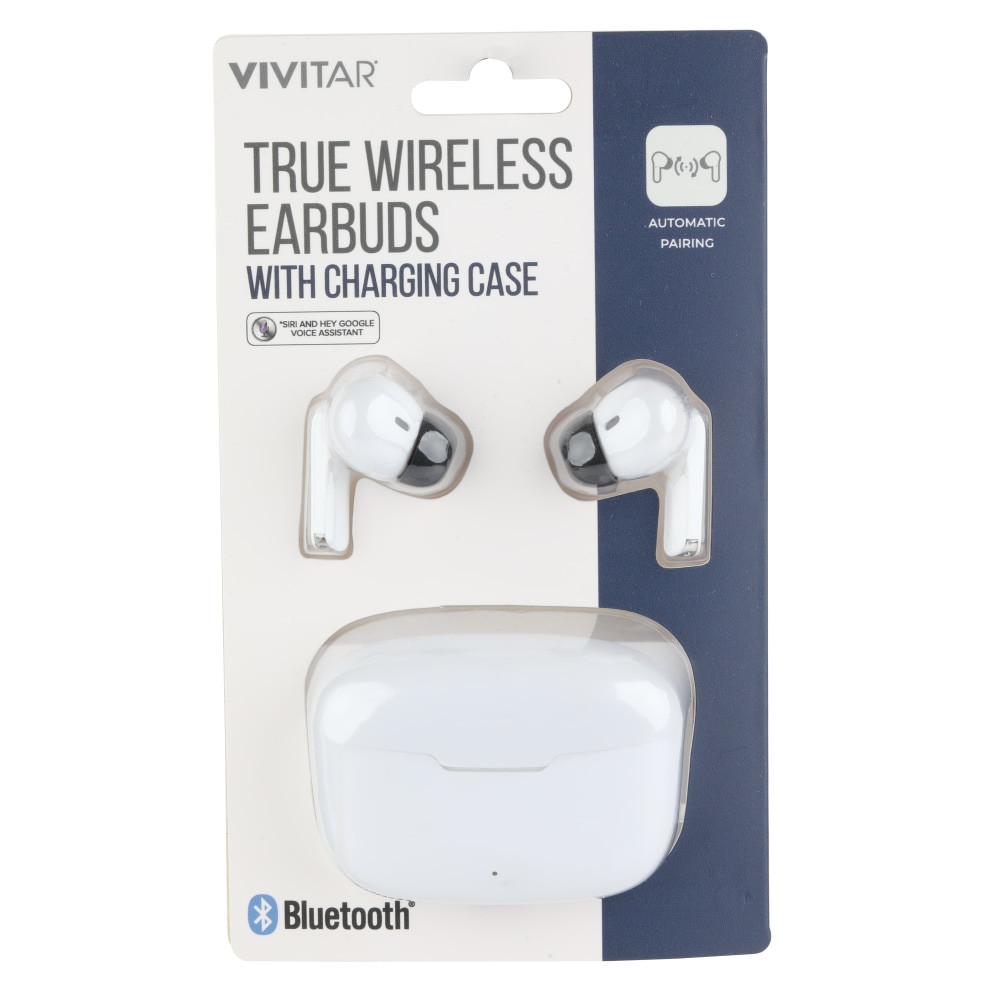 Listen to your favorite music anywhere with these Vivitar True Wireless Earbuds. The charging case offers an additional 2 full charges when you are on the go.  Wireless earbuds connect to your phone or tablet.  Automatic pairing for easy setup.  Touch controls for simple use.  Vivitar earbuds with integrated voice assistant.  Offers up to 18 hours of playtime. Provides up to 6 hours on initial charge plus charges provided by the case.  Charging case can fully charge your earbuds twice.  Backed by the manufacturers 1-year limited warranty.
