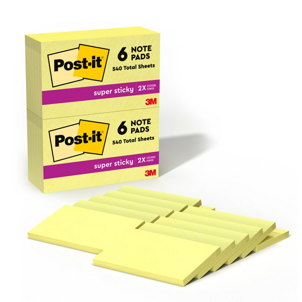 3M CO 65512SSCY Post-it Super Sticky Notes, 12 Pads, 3 in x 5 in, 2x the Sticking Power, School Supplies and Office Products, Sticky Notes for Vertical Surfaces, Monitors, Walls and Windows, Canary Yellow