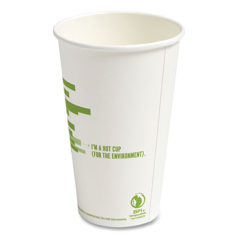 PERK 24394126 Eco-ID Compostable Paper Hot Cups, 16 oz, White/Green, 50/Pack, 6 Packs/Carton