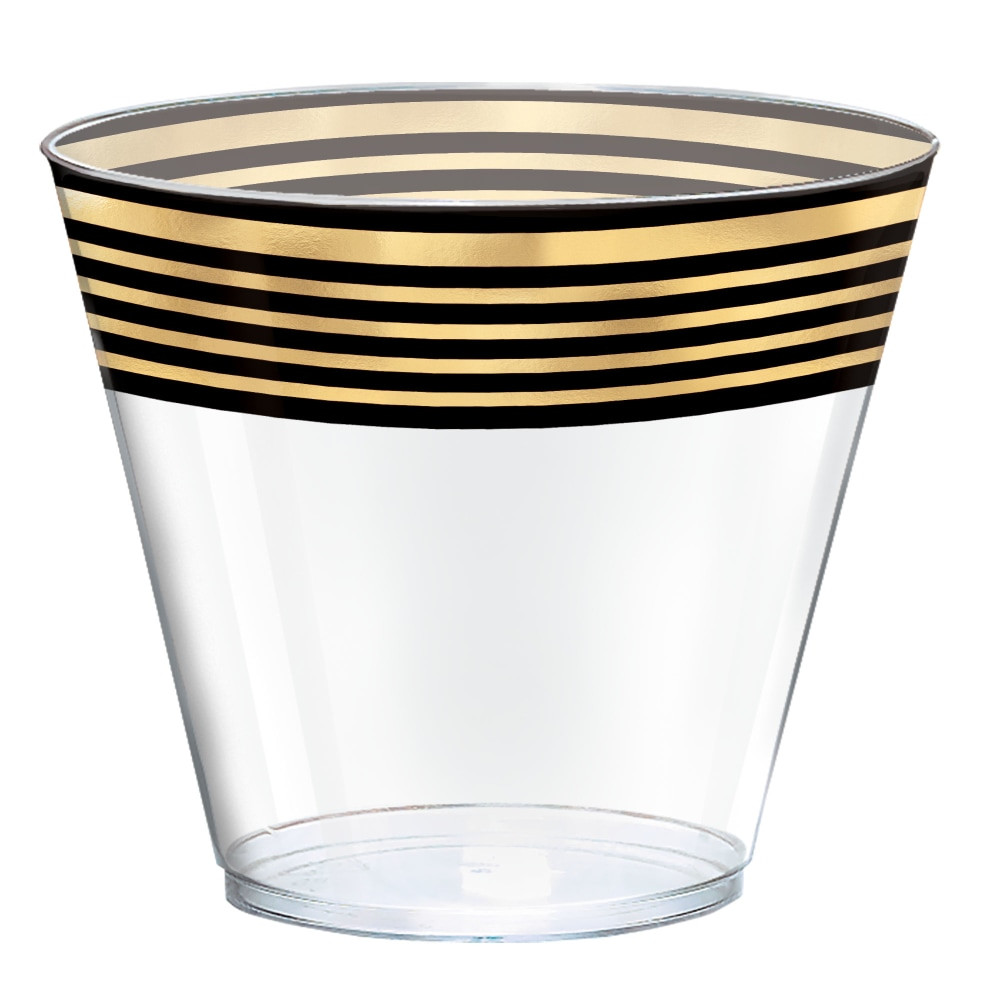 AMSCAN 350447  Stripe Premium Plastic Tumblers, 9 Oz, Black/Metallic Gold, 24 Tumblers Per Pack, Case Of 2 Packs