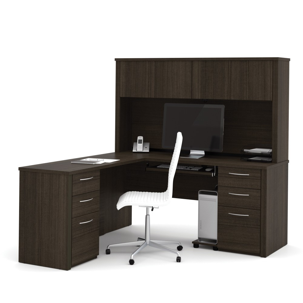 BESTAR INC. 60853-79 Bestar Embassy 66inW L-Shaped Corner Desk With 2 Pedestals And Hutch, Dark Chocolate