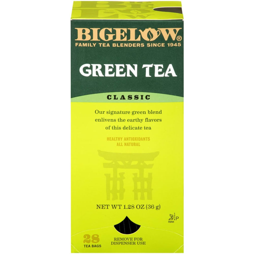 Enjoy a healthful cup of tea with these classic green tea bags. Bigelow green tea is light and fragrant for anytime sipping.  Creates a fragrant, light and mellow brew.  Box of 28 Bigelow tea bags is ideal for homes and office breakrooms.  Contains Recycled Content - See Specs for Details.